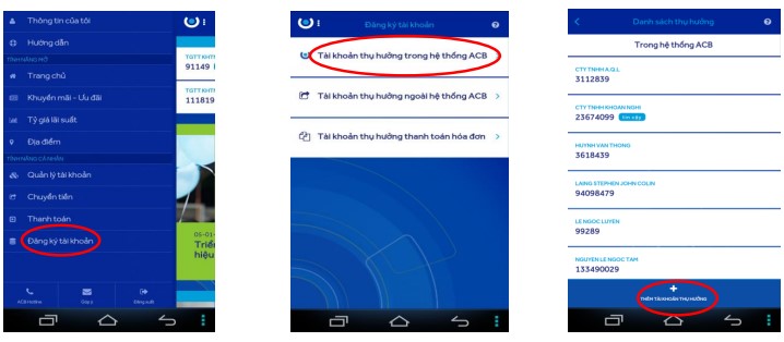 Cách thêm tài khoản thụ hưởng ACB